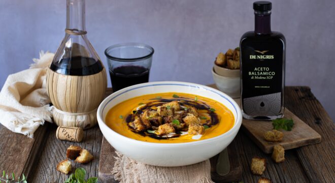 creamy carrot soup with platinum eagle balsamic vinegar de nigris
