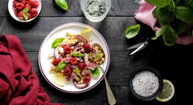 Octopus Salad with Chickpeas, Raspberries and Basil