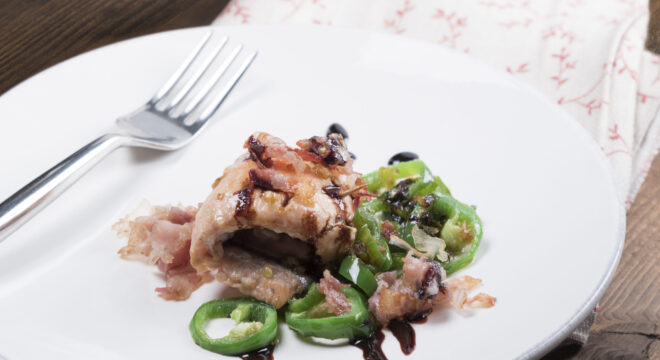Trout Roll with Green Chilli and Crispy Bacon