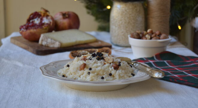 Risotto with Castelmagno Cheese, Hazelnuts and Truffle Pearls