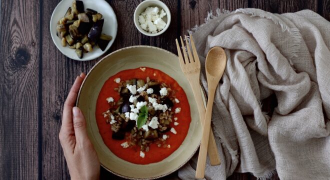 Pasta with Red Peppers Cream, Aubergines and Feta​_denigris_recipes