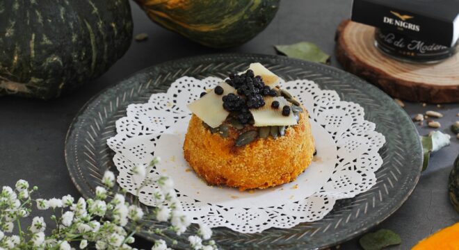 Pumpkin Flans with seeds, parmesan and Black Pearls