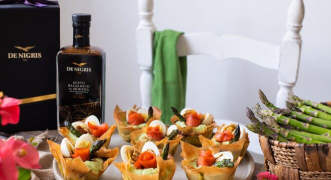 Fillo Pasta Baskets with Asparagus, Quail Eggs and Salmon