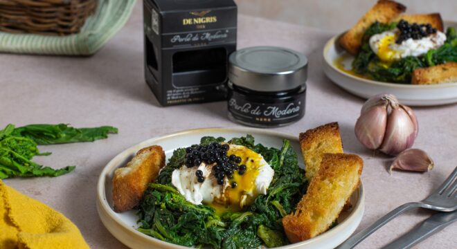 Broccoli Rabe with Poached Egg and Black Modena Pearls